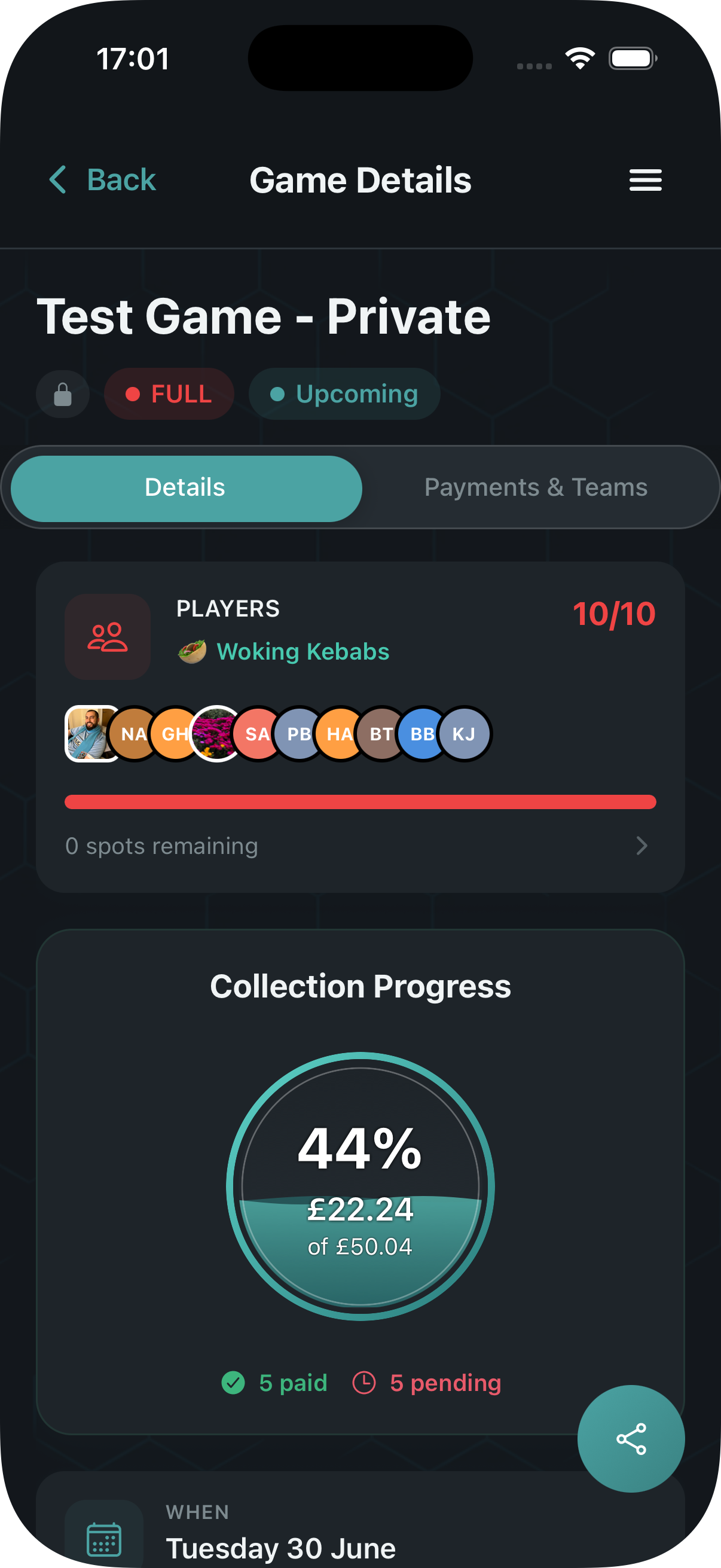 Game details screen showing player count and payment progress